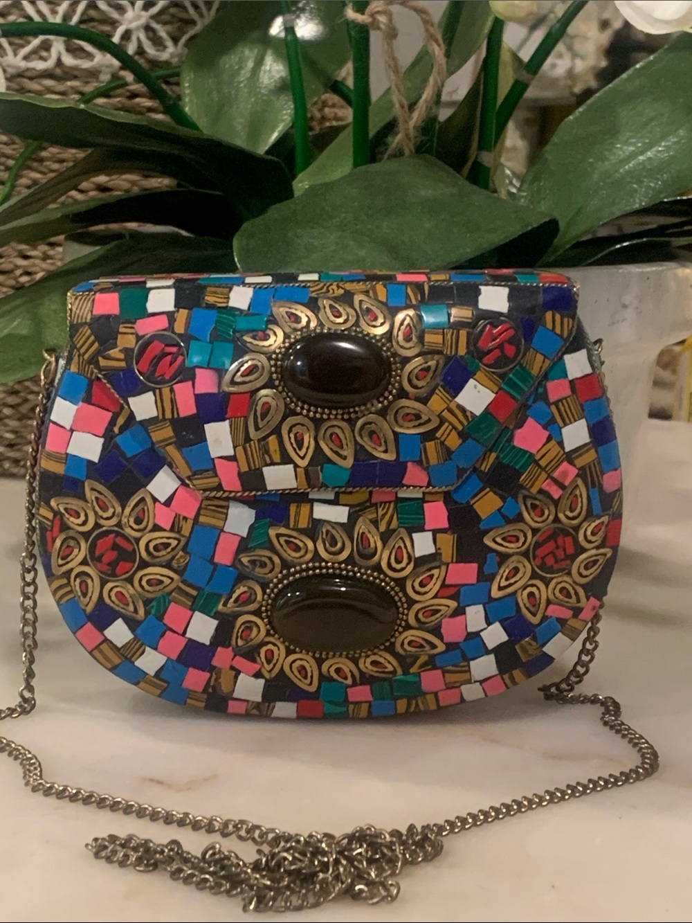 Handmade multicolor mosaic stone metal clutch crossbody